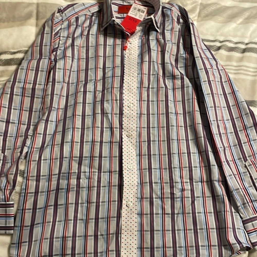 NWT Elie Balleh Boys Red Blue Plaid Button Up Long‎ Sleeve Shirt 14 Flip Cuff